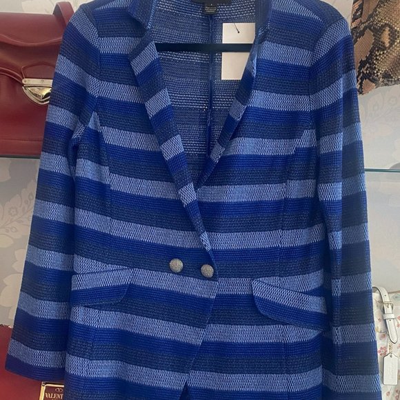 ST. JOHN Black Label Blue Striped Knit Button Front Jacket
